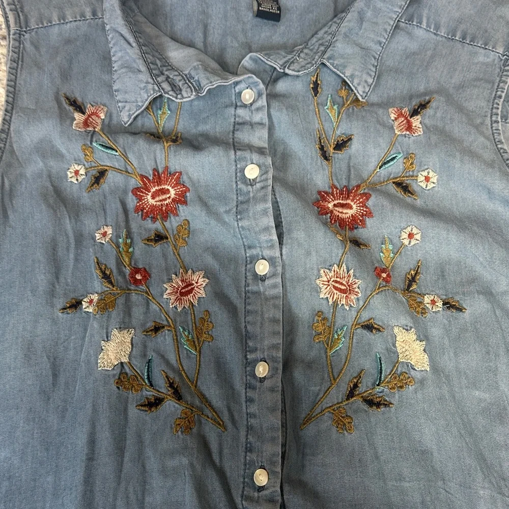 Terre Bleue Denim Blue Embroidered Sleeveless Button Front Dress XXL - Picture 2 of 8